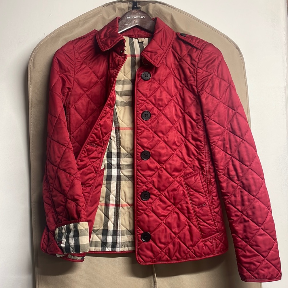 Burberry Brit red quilted diamond fitted womens button top jacket coat